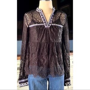 Anthropologie Blank NYC Black Lace Embroidered Babydoll Blouse Top S